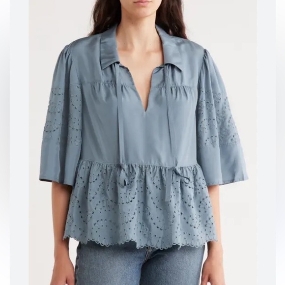 Rebecca Taylor Tops - Rebecca Taylor Tie Keyhole Embroidered Eyelet Silk Peplum Top